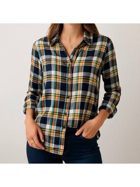 Talbots Navy Plaid Button Front Shirt Women's Small